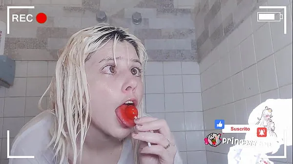 Big Wet t-shirt with lollipop in the shower clips Tube